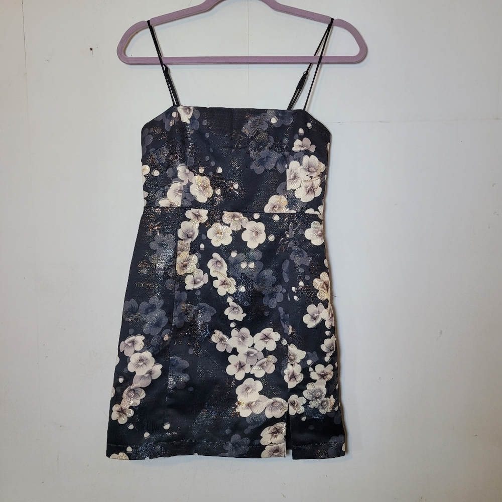 Urban Outfitters Black and Cream Satin Floral Mini Dress Size Small
